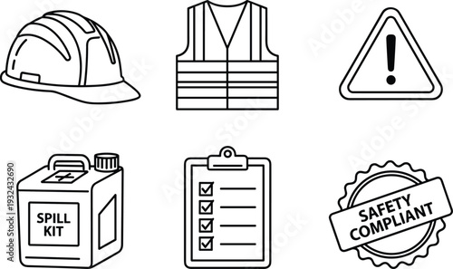 Workplace safety equipment vector icons, hard hat vest warning sign spill kit compliance badge line art