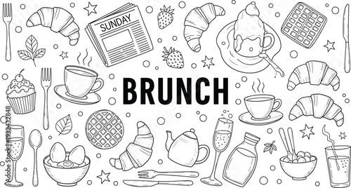 Brunch food vector illustration set, croissant coffee waffle eggs newspaper breakfast line art collection