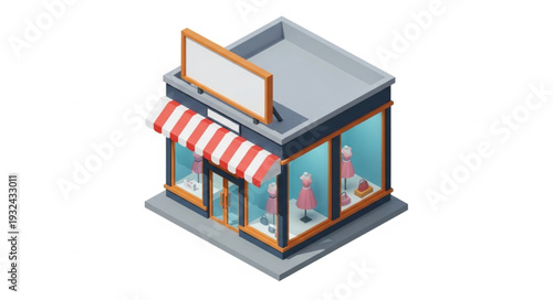 Isometric view of a charming boutique shop with a striped awning and display windows.