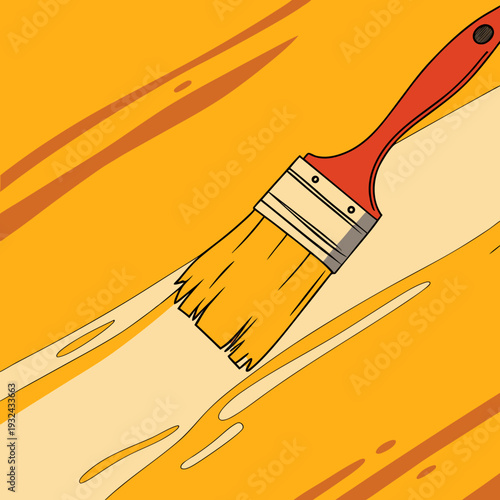 A vector graphic illustration of a paintbrush with yellow paint on an orange background