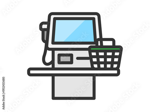 セルフレジと買い物かごのアイコン（線画カラー）のイラスト