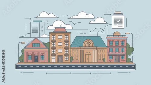 A colorful illustration of a row of buildings along a road with clouds and a document in the sky