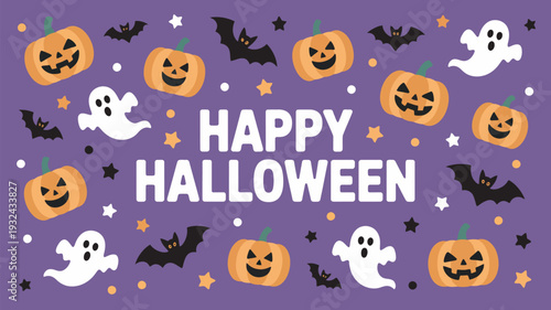 A festive Halloween graphic with pumpkins, ghosts, bats, and stars on a purple background with the words Happy Halloween.