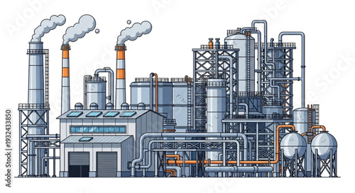 Detailed illustration of an industrial factory with smokestacks and complex infrastructure.