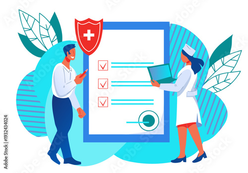 Medical Insurance Banner Businessman Character Fills Out Contract On Healthcare Services And Doctor Medicine And Healthy Lifestyle Healthcare Assistance Flat Illustration Isolated Vector