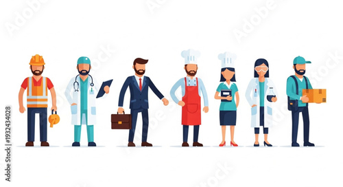 Diverse group of professionals standing together in a row, representing various occupations.