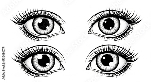 Detailed illustration of four eyes with intricate eyelashes and pupils.