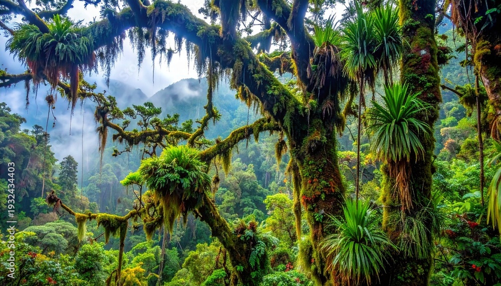 Obraz premium Lush Cloud Forest Canopy - A Vibrant Ecosystem of Moss and Ferns.