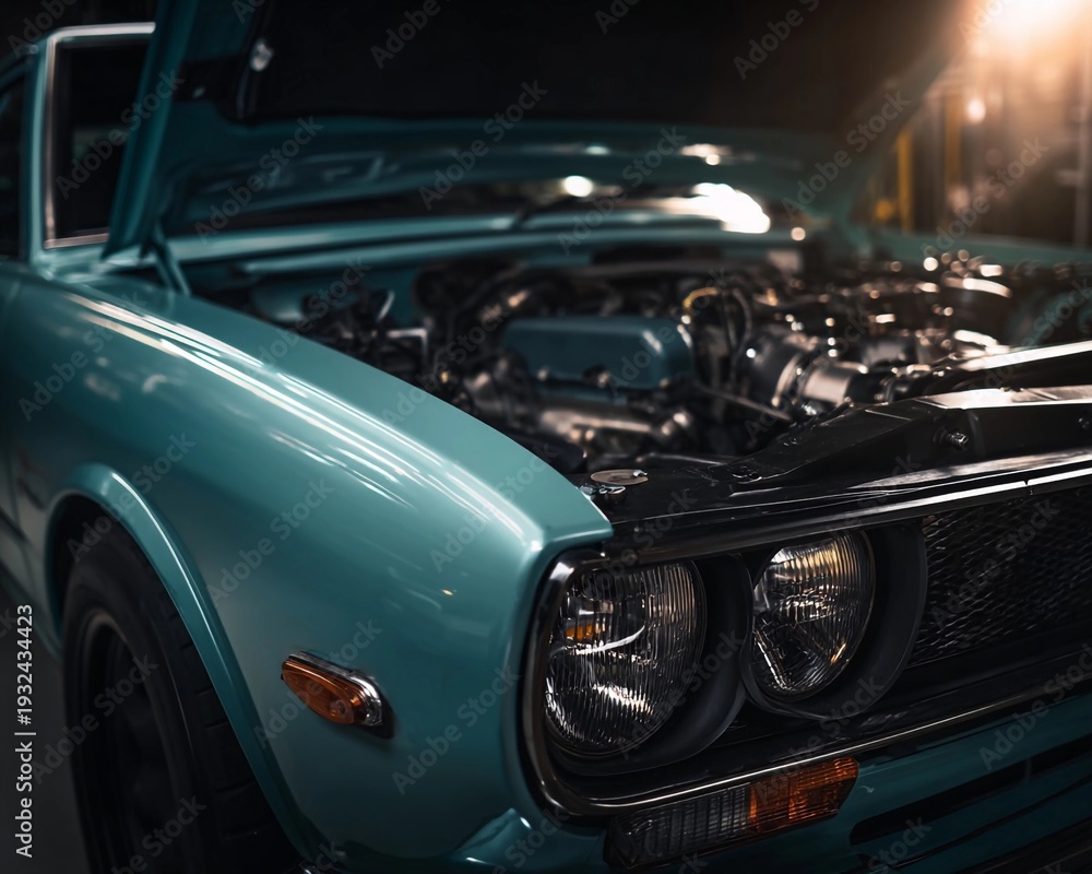 Fototapeta premium Classic car with open hood reveals engine during nighttime garage work on vehicle maintenance and restoration