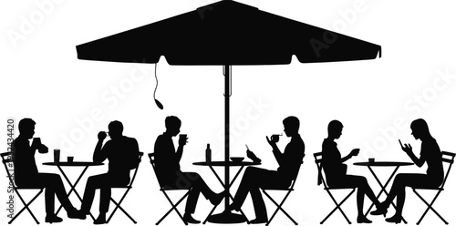 Outdoor café silhouette illustration, people sitting under umbrella vector, social leisure design, drinking conversation art, modern lifestyle graphic concept