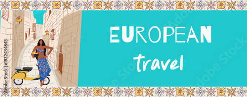 Travel around the Europe, template horizontal banner. Hand drawn vector illustration.