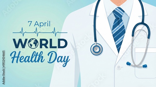 World Health Day, doctor and stethoscope design. Globe in text and normal cardiogram as a concept poster for World Health Day, 7 April. Vector illustration
