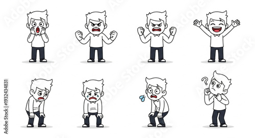 Emotional expressions of a cartoon character in various poses and moods.