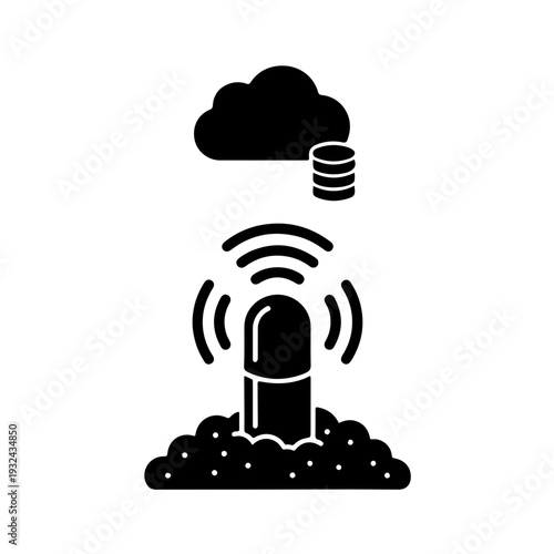 Smart soil sensor icon with wireless data waves and digital probe. black and white vector illustration of IoT agricultural transmitter for remote soil monitoring and automated farming systems
