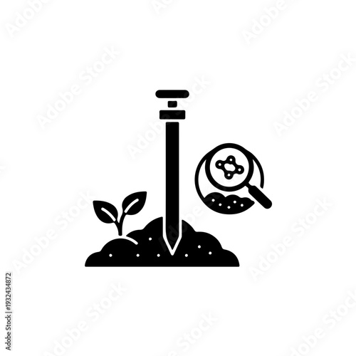 Soil sampler probe with magnifying glass icon for detailed earth analysis. black and white vector illustration representing soil inspection, core sampling, and geological research for agriculture
