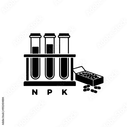 NPK soil nutrient test kit icon with three test tubes in a rack labeled N, P, and K. black and white vector illustration of nitrogen, phosphorus, and potassium soil analysis for gardening and farming
