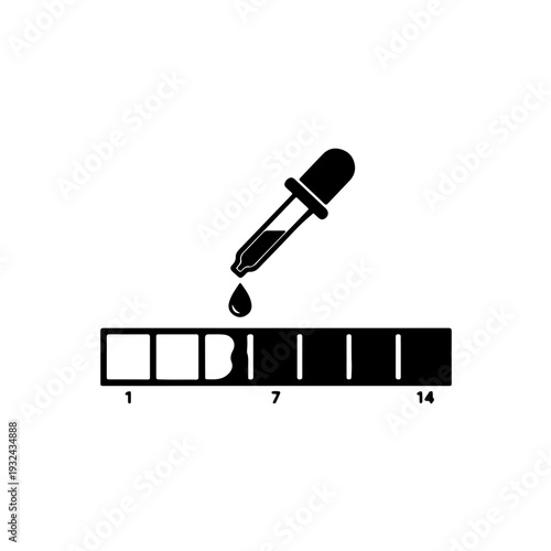 pH indicator test strip with glass dropper icon. Minimalist black and white vector illustration of chemical soil acidity testing, litmus paper strip, and liquid reagent measurement for laboratory