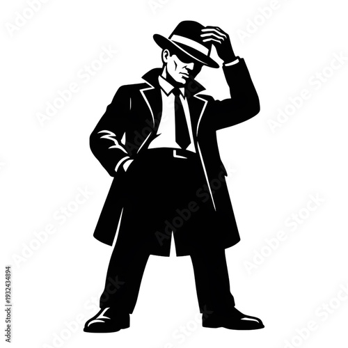 Detective Silhouette Vector Illustration - Secret Agent in Trench Coat and Fedora Hat Noir Mascot