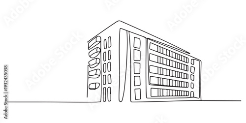 Multi- storey apartment building, office center or industrial building in continuous line art drawing style. Black linear sketch isolated on white background. Vector illustration