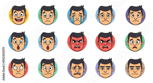 Diverse expressions of a mans face, showcasing various emotions and feelings.