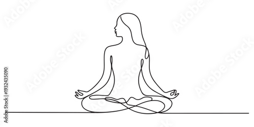 Woman sitting in lotus pose yoga. Continuous one line drawing, Women doing yoga one line drawing. Aerobic sport girl exercise for modern healthy lifestyle, women performing yoga line art.