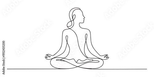 Woman sitting in lotus pose yoga. Continuous one line drawing, Women doing yoga one line drawing. Aerobic sport girl exercise for modern healthy lifestyle, women performing yoga line art.