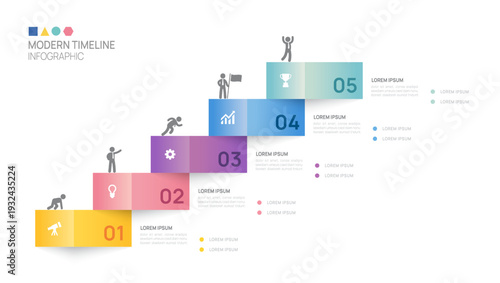 Infographic ladder connected labels 5 steps to success growth template. Business process. Vector illustration.