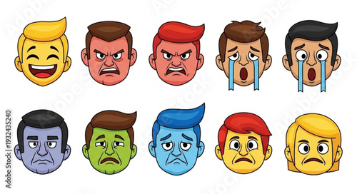 Diverse collection of cartoon faces expressing various human emotions and feelings.