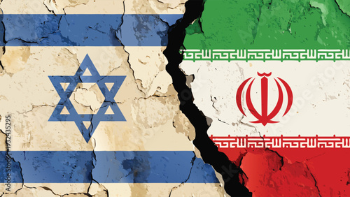 Israel and Iran flags on cracked background