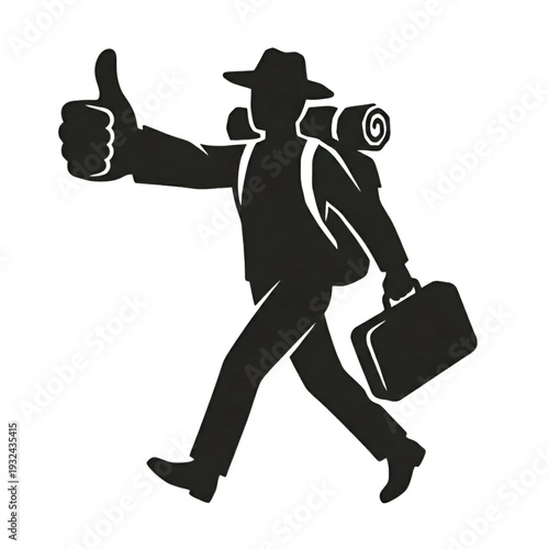 Hitchhiker Silhouette Vector Illustration - Traveler with Backpack and Suitcase Giving Thumbs Up Logo