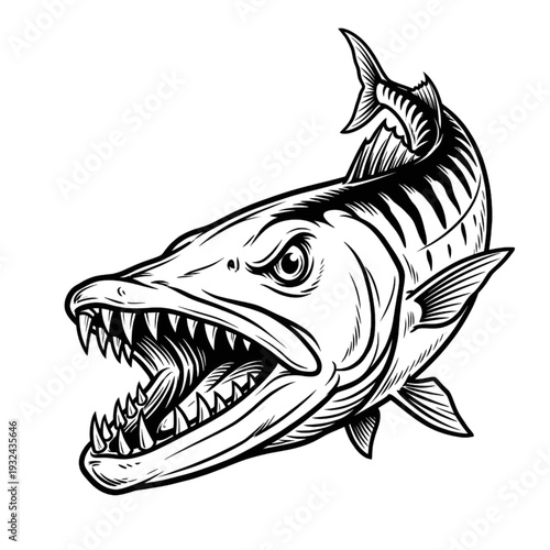 Angry Barracuda Fish Mascot Vector Illustration - Sharp Teeth Predator Logo