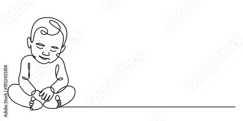 Baby boy sitting in continuous line art drawing style. Cute toddler child black linear sketch isolated on white background. Vector illustration ,Baby boy sitting in continuous line art drawing style.