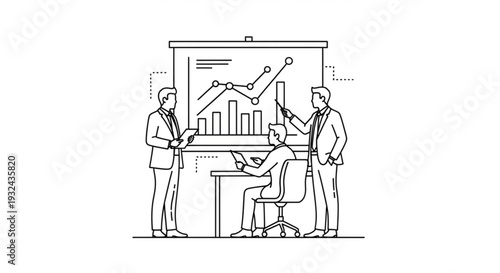 Business professionals analyzing graphs on a presentation board in a meeting room setting from a straightforward viewpoint