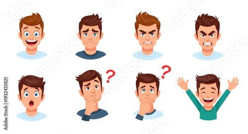 Diverse expressions of a young man showcasing various emotions and feelings.