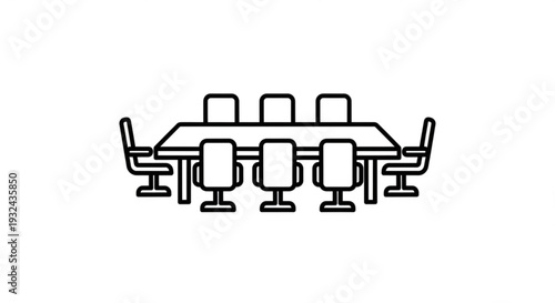 A minimalist illustration of a conference room with a long table and five chairs from a front viewpoint