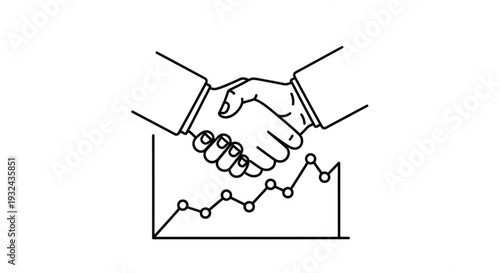 Two individuals finalizing a business deal with a handshake in front of a graph showing upward trend