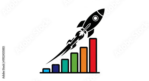 Rocket Launching Upwards with Increasing Bar Graph Illustrating Business Growth and Success Story in a Simple Illustration Style