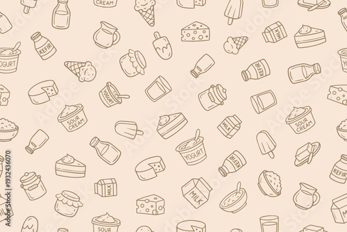 Seamless pattern of dairy products vector illustration featuring icons like yogurt, cheese, and milk on a beige background. Ideal for food design and culinary projects.