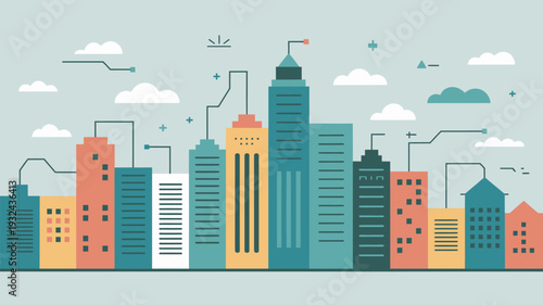 A vibrant cityscape with colorful buildings and a serene sky