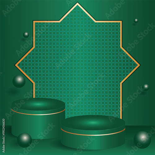 3d green cylinder stage with a golden Islamic pattern arch and floating orbs for product display and Ramadan.