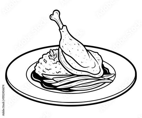 A black line art illustration of a roasted duck leg served on a plate. The dish includes a side of rice with a parsley garnish and green beans, presented on a dark sauce