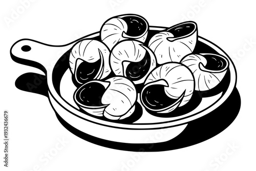 A clean vector illustration of cooked snails, or escargot, served on a traditional ceramic pan with a handle. This high-contrast graphic features detailed shells and shadows