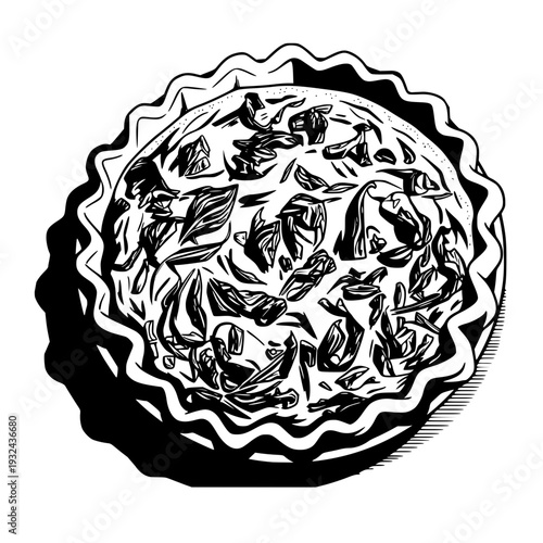 A black line art illustration of a freshly baked spinach quiche in a fluted tart pan. The top-down view showcases the textured surface of the savory filling with leafy spinach details and a crust.