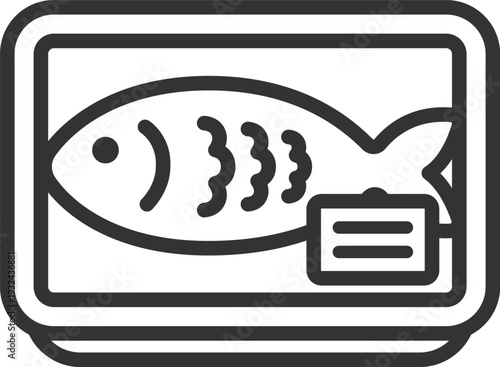 スーパーのパックに入った、魚のアイコン（線画）のイラスト