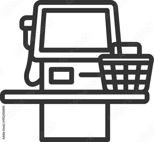 セルフレジと買い物かごのアイコン（線画）のイラスト
