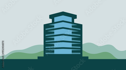 A modern building stands tall amidst a serene natural landscape with rolling hills