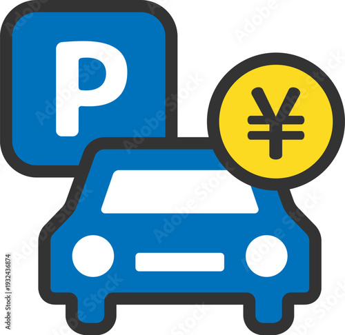 有料駐車場（パーキング）のアイコン（線画カラー）のイラスト