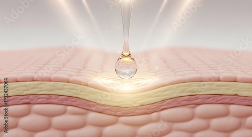 Transparent serum droplet touching smooth skin surface with glowing light effect