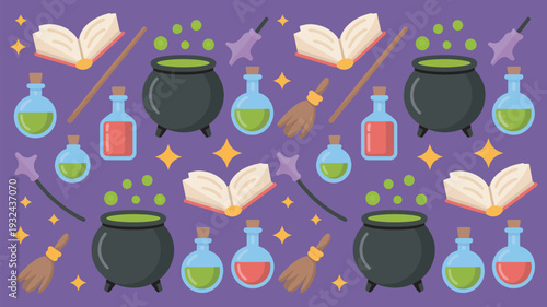 A whimsical illustration of magical objects and potions on a purple background for Halloween or fantasy themes