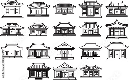 Traditional Korean Hanok Architecture Line Icon Collection